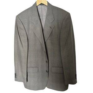 Yves Saint Laurent Worsted Wool Beige Gray Plaid Sport Coat Size 44R 3 Button